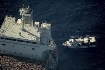 The 14 metre workboat Ogoi Ratz has been made ready for towing by the civilian ship MV Uni Sunshine following the discovery of the missing workboat. The Ogoi Ratz was found by an RAAF P-8A Poseidon maritime patrol aircraft during a dedicated search and rescue mission for the boat (photo taken by aircrew on the Poseidon aircraft).